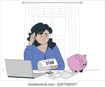 
Woman having financial problems. stressed woman is doing broke piggy bank and administrative work holding bills at home. have no money to pay, mortgage or loan. Debt, bankruptcy concept