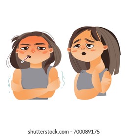 Woman having flu, measuring temperature with thermometer, feeling sore throat, cartoon vector illustration isolated on white background.