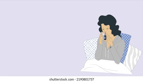 Woman is having flu and she using nasal spray to help herself. Woman using nasal spray. Nasal spray to help a cold. Sick with a rhinitis woman dripping nose. Woman applies nasal spray. Space for text