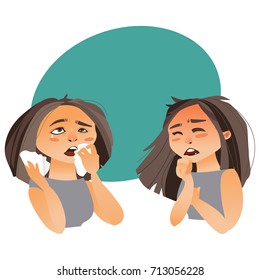 Woman having flu symptoms - cough and runny nose, cartoon vector illustration isolated on white background with speech bubble