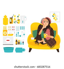 Woman having flu, wrapped in blanket, set of cold, influenza treatment elements, flat vector illustration isolated on white background. Sick woman and flu, cold related elements, medicines, objects