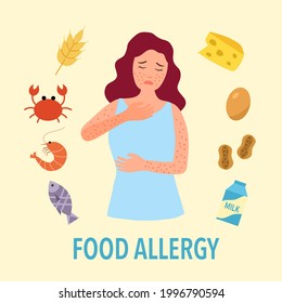 Woman having food allergy symptom to products like seafood, gluten, egg, peanut and milk in flat design. Female got red spots on her skin.