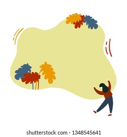 Woman having fun and dancing with raised hand, presenting or showing something on blank space for place your text with colorful elements. Young girl dreaming or imagine concept, vector Illustration.