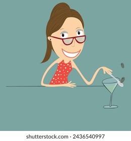Woman having fun drinking a cocktail. Vector Illustration.