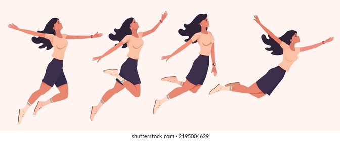 A woman having fun jumps, flies and waves her arms. Female figure set in four dynamic positions.