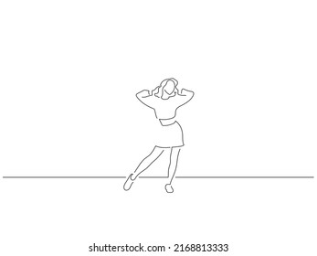 Woman having fun in line art drawing style. Composition of a person dancing. Black linear sketch isolated on white background. Vector illustration design.