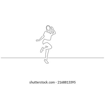 Woman having fun in line art drawing style. Composition of a person gesturing. Black linear sketch isolated on white background. Vector illustration design.