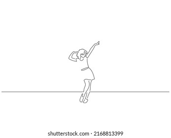 Woman having fun in line art drawing style. Composition of a person dancing. Black linear sketch isolated on white background. Vector illustration design.