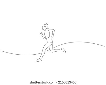Woman having fun in line art drawing style. Composition of a person jumping. Black linear sketch isolated on white background. Vector illustration design.