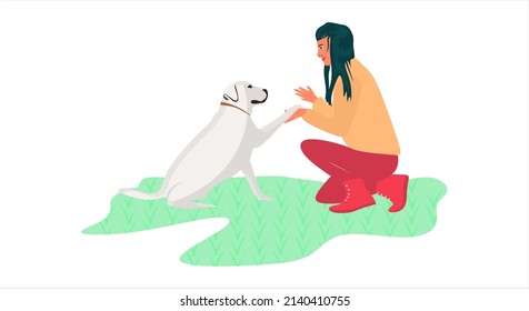 Woman having fun playing with her dog. Daily life life concept illustration. Girl and dog Flat style 