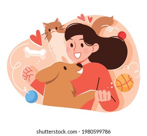 A woman having fun playing time with her cat and dog. Daily life concept vector illustration with companion animals.