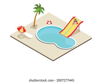 Woman having fun at pool slide isometric 3d vector concept for banner, website, illustration, landing page, flyer, etc.