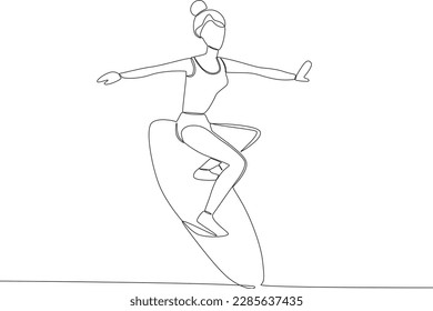 A woman having fun surfing. Surfing one-line drawing