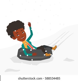Woman having fun while sledding on snow rubber tube in mountains. Woman riding on snow rubber tube. Woman sitting in snow rubber tube. Vector flat design illustration isolated on white background.