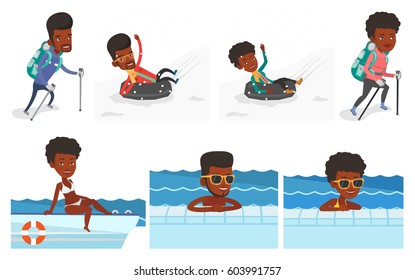 Woman having fun while sledding on snow rubber tube in mountains. Woman riding on snow rubber tube. Woman sitting in rubber tube. Set of vector flat design illustrations isolated on white background.