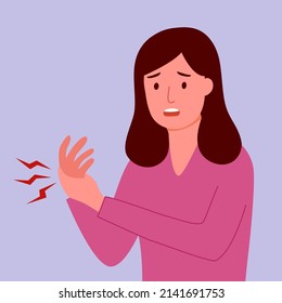 Woman having hand pain in flat design. Arm pain. Muscle or bone problem.