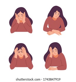 A Woman Is Having A Headache. Girl Feels Anxiety And Depression. Psychological Health Concept. Nervous, Apathy, Sadness, Sorrow, Unhappy, Desperate, Migraine. Flat Vector Illustration.