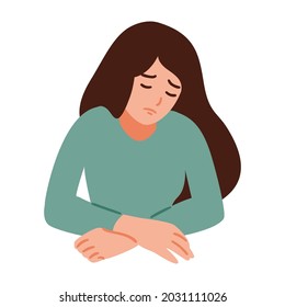 A woman is having a headache. Girl feels anxiety and depression. Psychological health concept. Nervous, apathy, sadness, sorrow, unhappy, desperate, migraine. Flat vector illustration.