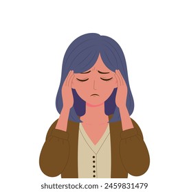 Woman having headache, migraine. Girl holding hands on head because of pain. Flat vector illustration.