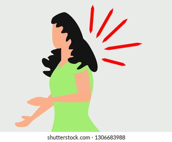 Woman having headache, migraine, pressing hand to her forehead, cartoon vector illustration isolated on white background