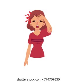 Mujer con dolor de cabeza, migraña, apretando la mano a la frente, ilustración vectorial de caricatura aislada en fondo blanco. Retrato de media longitud de mujer con dolor de cabeza, migraña, dolor