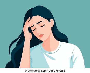 The woman having headache, migraine. Tired young girl feels bad, she is holding on to her head.  Vector flat illustration.