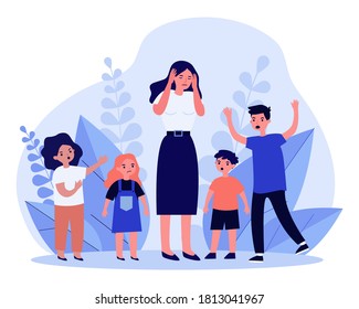 Woman having headache and surrounded by angry children. Teacher, mom, noise flat vector illustration. Behavior and childhood concept for banner, website design or landing web page