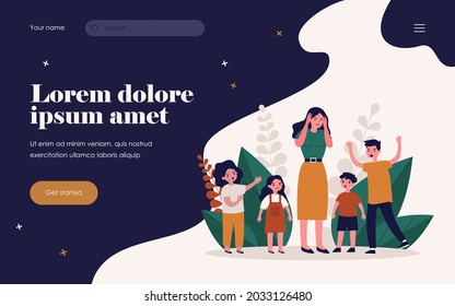 Woman having headache and surrounded by angry children. Teacher, mom, noise flat vector illustration. Behavior and childhood concept for banner, website design or landing web page