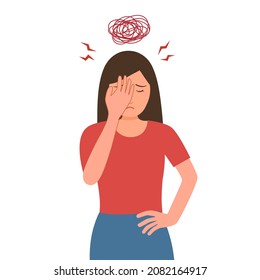 Mujer con dolor de cabeza y disgustada por su concepto de trabajo ilustración vectorial. Diseño plano de problemas de salud de la migraña.