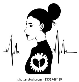 Woman having her heart broken in a heart beat. Illustration on white background. 