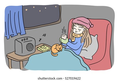 woman having hot cocoa be chilling with her cat and musics / a girl is relaxing in a room at night