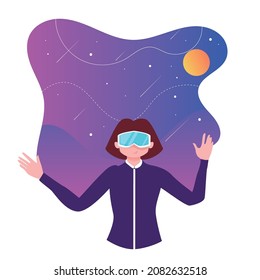 Woman having imagination of outer space using virtual augmented reality vector illustration background.