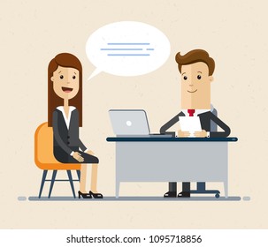 Woman having a job interview with Businessman HR. Illustration isolated on white background.