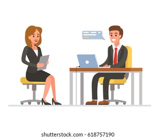 Woman having a job interview with Businessman HR. Flat style vector illustration isolated on white background.

