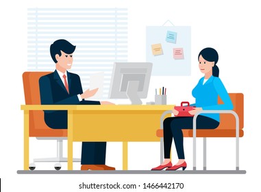 Woman having a job interview recruiting with hr businessman while sitting near desk in office vector illustration.