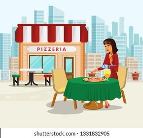 Woman Having Lunch Break At Pizzeria Illustration. Female Cartoon Character Eating Pizza. Elegant Lady At Fast-Food Restaurant. Breakfast In Big City. Girl Having Dinner Alone Vector Drawing