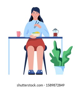 Woman having lunch at home. Female person eat food. Girl sitting at the table. Isolated vector illustration in cartoon style