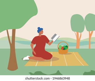 The woman is having lunch at a picnic. Flat vector stock illustration. Lunch break at work. Reading a book on a pirode. Food in the basket. Picnic alone. Vector illustration