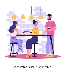 Woman having lunch at work with colleagues. Female person eat food. Girl sitting at the table. Isolated vector illustration in cartoon style