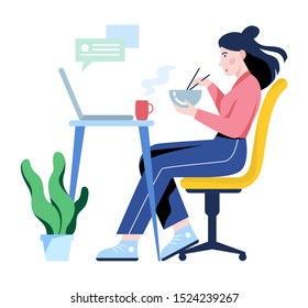 Woman having lunch at work. Female person eat food. Girl sitting at the table. Isolated vector illustration in cartoon style