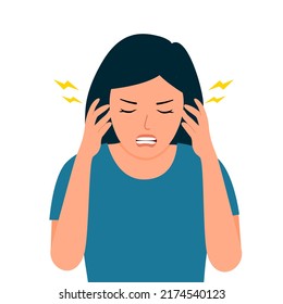 Woman having migraine headache symptom in flat design on white background.