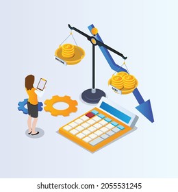 Woman having more debt than income 3d isometric vector illustration concept for banner, website, landing page, ads, flyer template