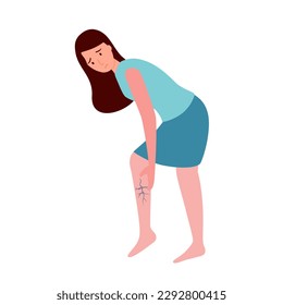 Woman having muscle leg cramps symptom in flat design on white background.