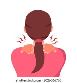 Woman having neck ache symptom in flat design on white background. Neck and shoulders pain. Muscle problem.