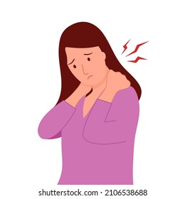 Woman having neck ache symptom in flat design on white background. Neck and shoulders pain. Muscle problem.