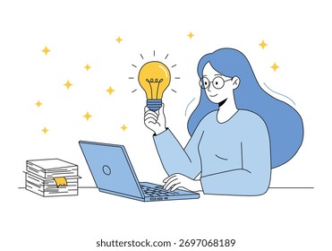 Mujer que tiene una nueva idea mientras trabaja en la computadora y los libros.