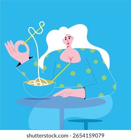 woman having noodles enjoying herself vector design clean and unique latest illustration