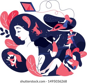 Woman having nostalgic flashback memories of her life as she remembers her childhood flying kites, being a teenager, dating, romance, love, having a baby in a blue and pink vector cartoon illustration