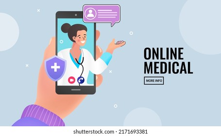 Woman Having Online Consultation To Doctor In Laptop On Blue Background. Video conferencing at home, Close-up woman having video call with doctors at home. Patients having online consultations. Vector