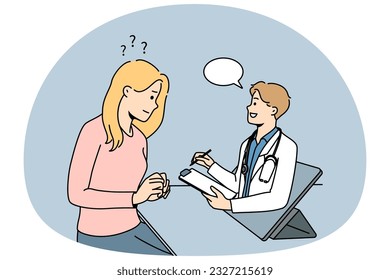 Woman having online consultation with doctor on gadget. Female patient talk with therapist or medical specialist on internet. Remote medicine. Vector illustration.